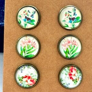 3 Pairs of 12mm Glass Cabochon Floral Print Stud Earrings, NWT, Handmade, Unworn